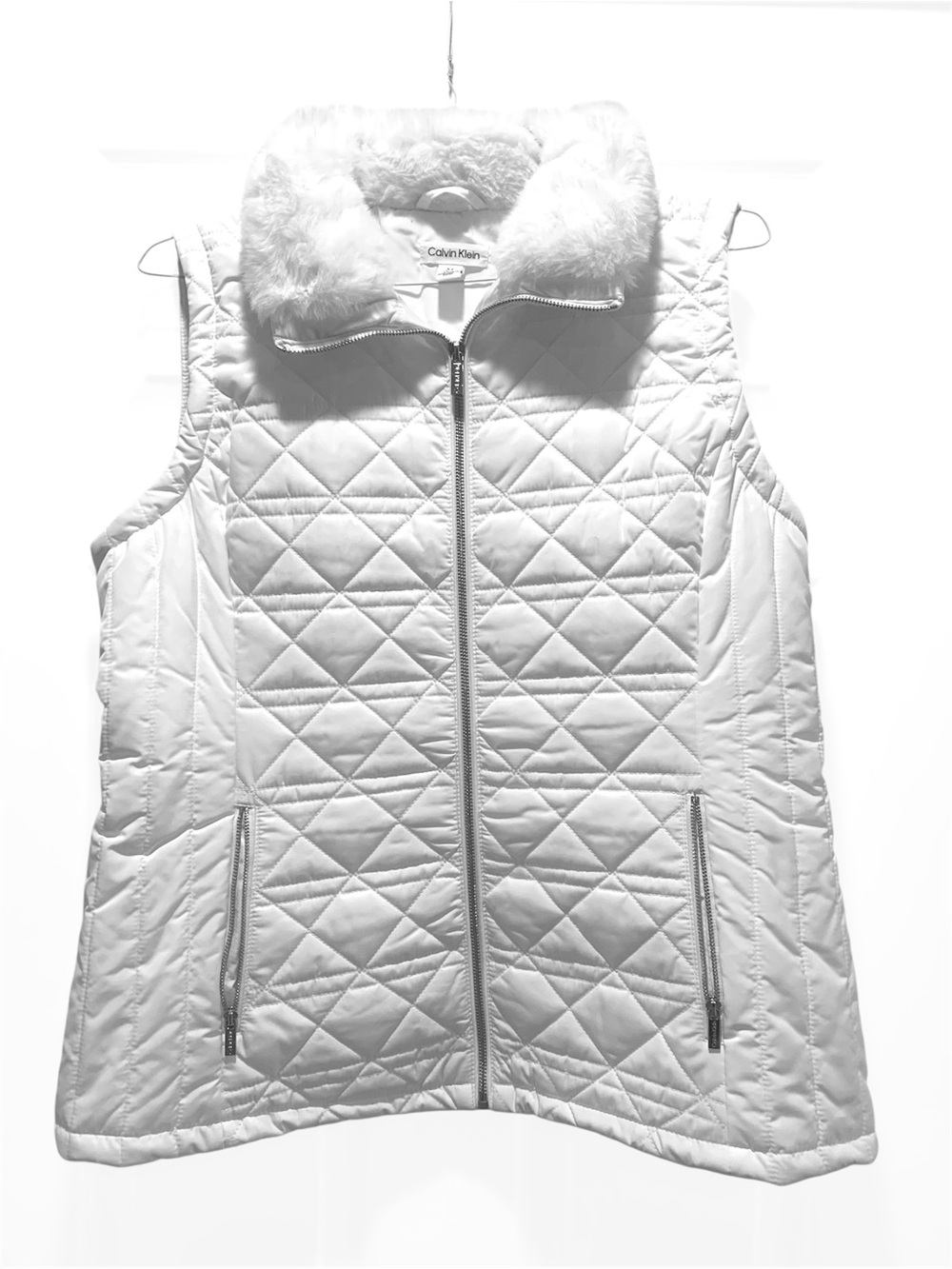 Calvin Klein White Quilted Vest with Faux-Fur Collar